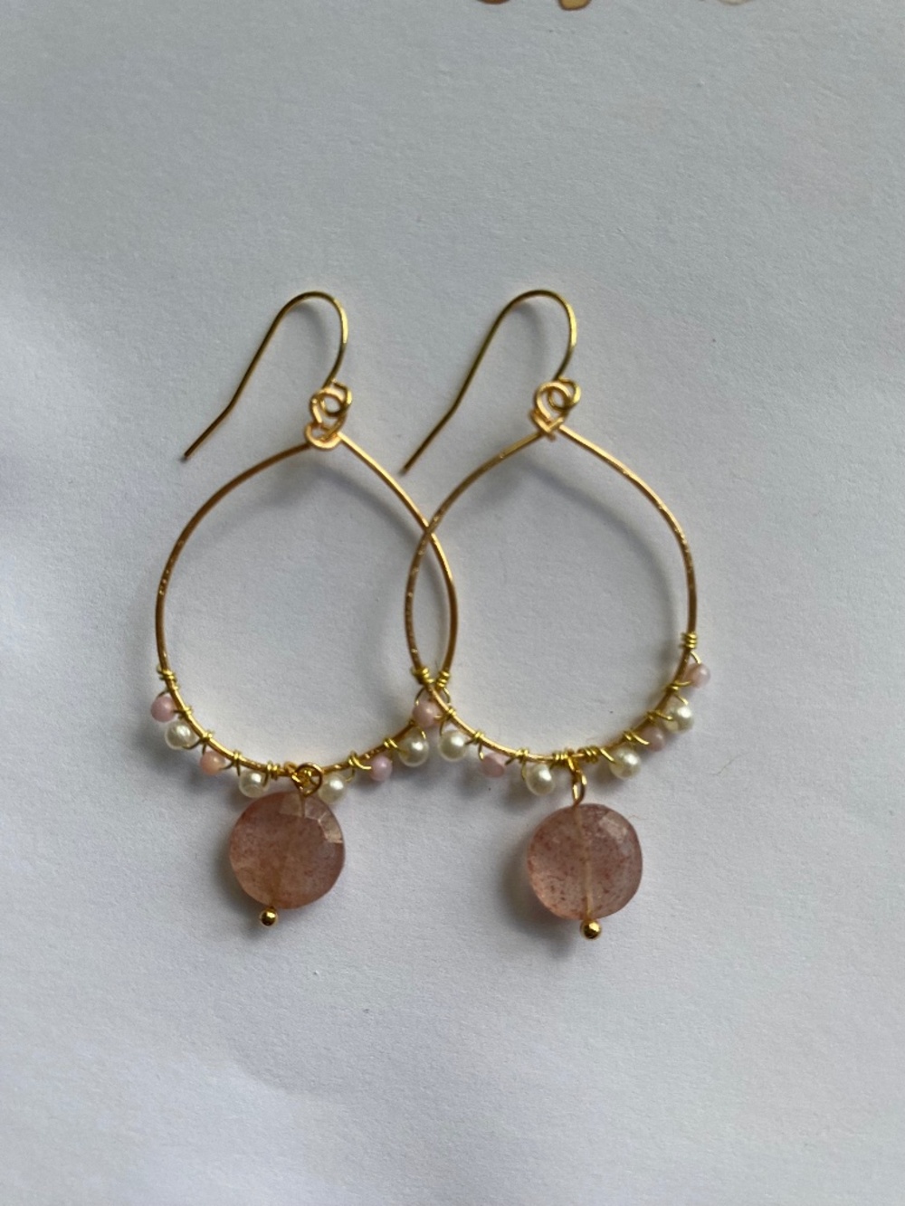 Handmade Hoop Earrings with Genuine Strawberry Quarts & Shell Beads